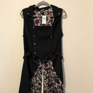 Black snap front long vest with tails